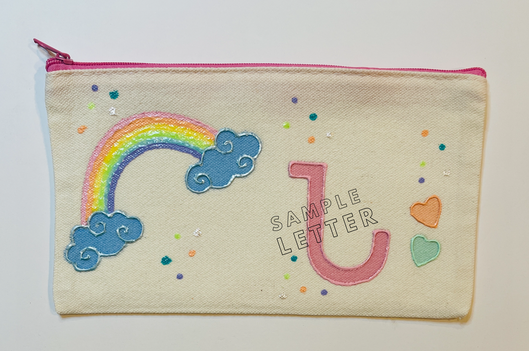 Customized hand drawn pencil pouch: Rainbow and hearts